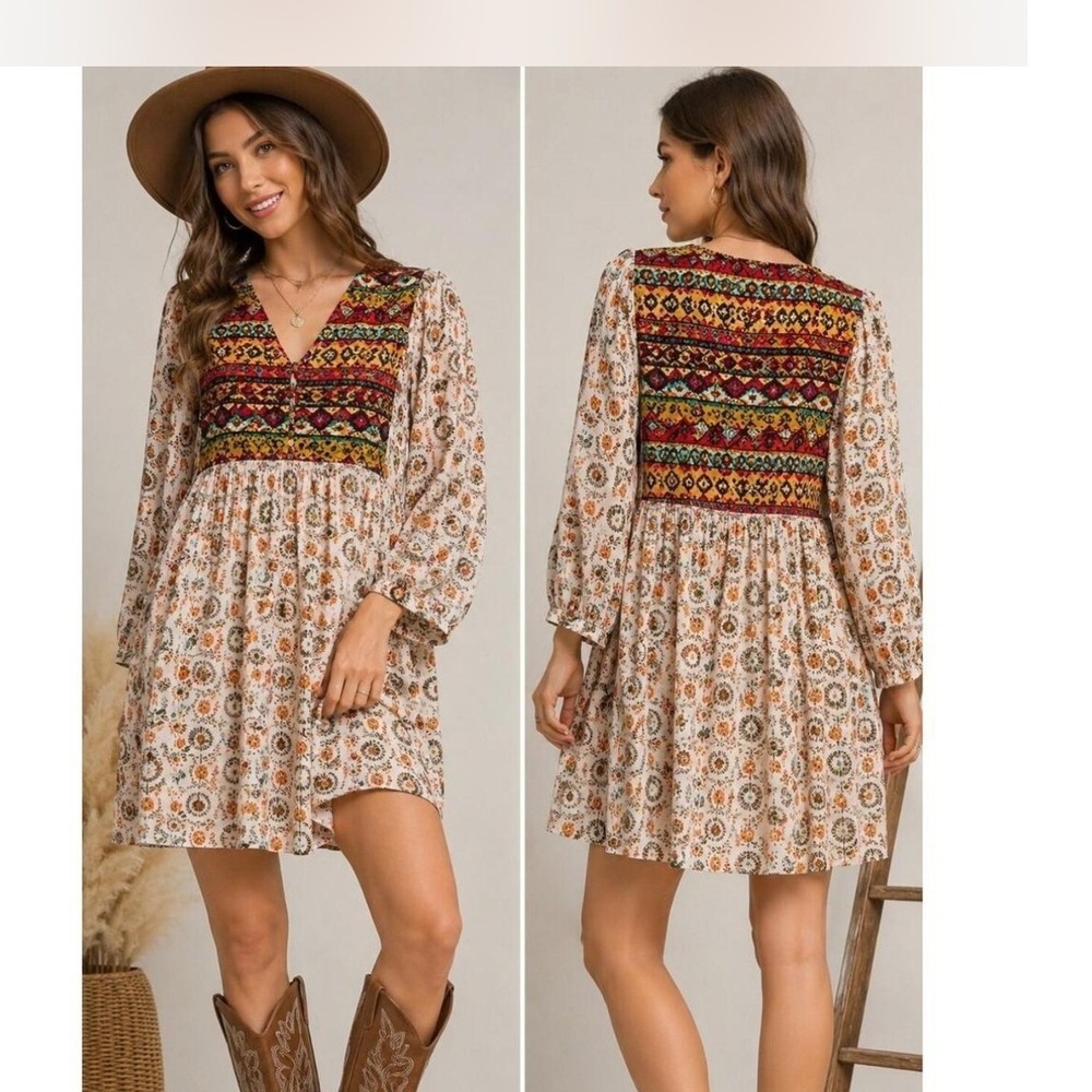 Umgee Boho Mixed Print Babydoll Mini Dress V-Neck Balloon Sleeve Tan Red Large